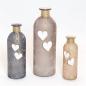 Preview: 3x Vasen "Flasche" aus satiniertem Glas mit Herzen aus Holz, Blumenvase, Flaschenvase, Dekoflasche, Vasenset