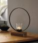 Preview: Windlicht "Ring" aus Metall, schwarz, mit Sockel aus recyceltem Holz, 1 Teelichtglas, Teelichthalter, Windlichtglas