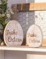 Preview: 2x Deko-Ei "Frohe Ostern" aus Holz, weiß gekalkt, Dekofigur Osterei, 14 + 16 cm hoch, Osterdeko, Holzdeko