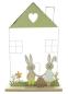 Preview: Dekofigur "Hasenhaus" aus Metall & MDF, 2 Osterhasen, Osterei & Blumen, 34 cm hoch, Osterdeko