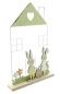 Preview: Dekofigur "Hasenhaus" aus Metall & MDF, 2 Osterhasen, Osterei & Blumen, 34 cm hoch, Osterdeko