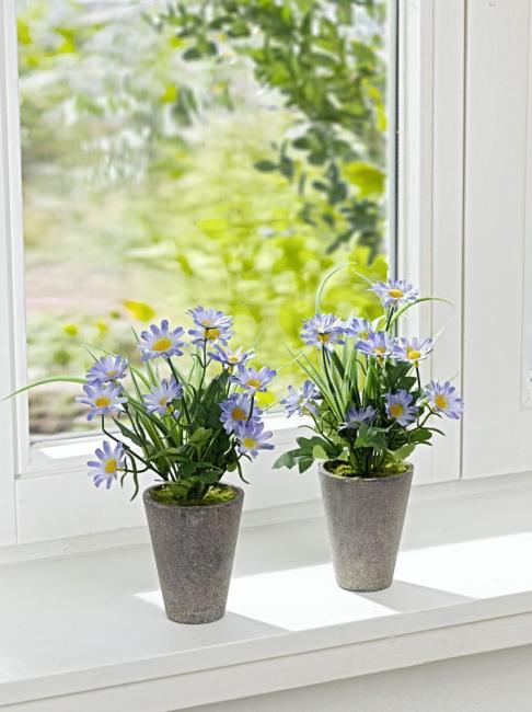 2 Topfpflanzen mit blauen Blüten, 26 cm hoch, Kunstpflanze
