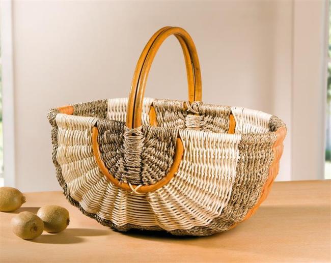 Preview: Einkaufskorb aus Seegras & Rattan, orange / natur, Flechtkorb, Rattankorb, Tragekorb