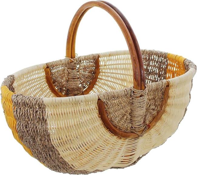 Preview: Einkaufskorb aus Seegras & Rattan, orange / natur, Flechtkorb, Rattankorb, Tragekorb