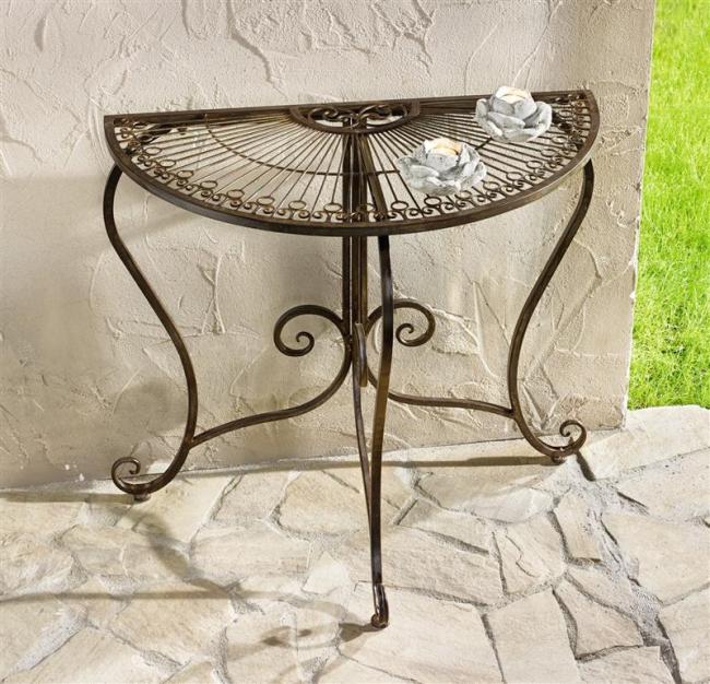 Preview: Konsolentisch "Provencal" halbrund, Konsole aus Metall in Rost Optik im Antik Design, Balkontisch, Beistelltisch