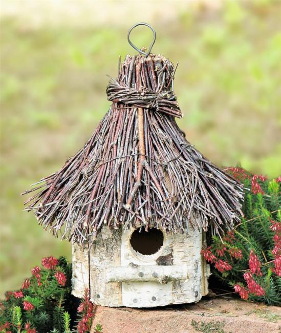 Vogelhaus "Birke" aus Holz, rund, Dach aus Reisig, Vogelhäuschen zum Aufhängen, Nistkasten, Balkon & Gartendeko für Draußen