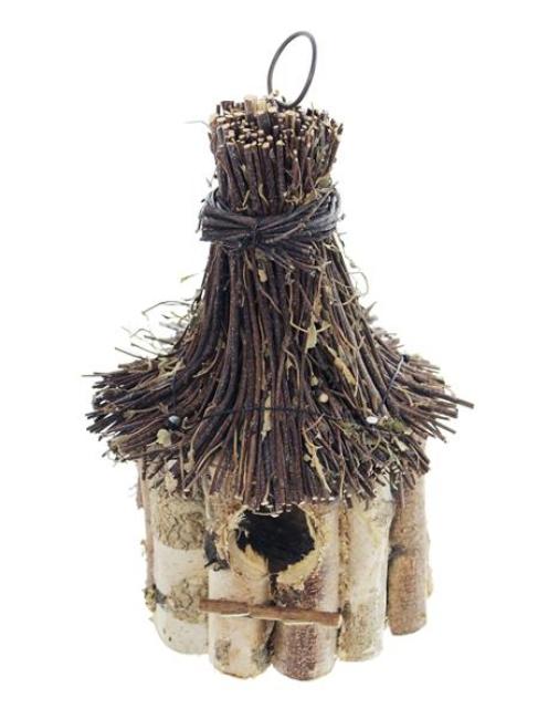 Preview: Vogelhaus "Birke" aus Holz, rund, Dach aus Reisig, Vogelhäuschen zum Aufhängen, Nistkasten, Balkon & Gartendeko für Draußen