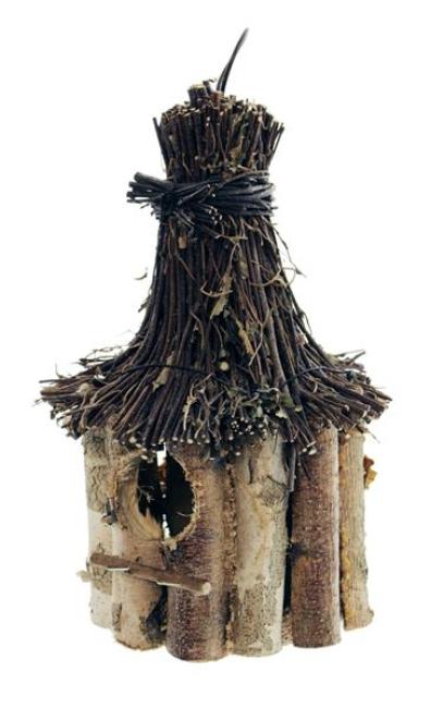 Vogelhaus "Birke" aus Holz, rund, Dach aus Reisig, Vogelhäuschen zum Aufhängen, Nistkasten, Balkon & Gartendeko für Draußen