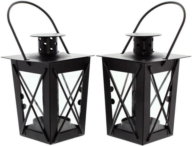 Preview: 2x Mini Laterne aus Metall + Glas, schwarz, Teelichthalter, Hängelaterne, Metalllaterne, Gartenlaterne, Windlicht, Gartendeko für Draußen wetterfest