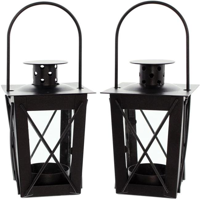 Preview: 2x Mini Laterne aus Metall + Glas, schwarz, Teelichthalter, Hängelaterne, Metalllaterne, Gartenlaterne, Windlicht, Gartendeko für Draußen wetterfest