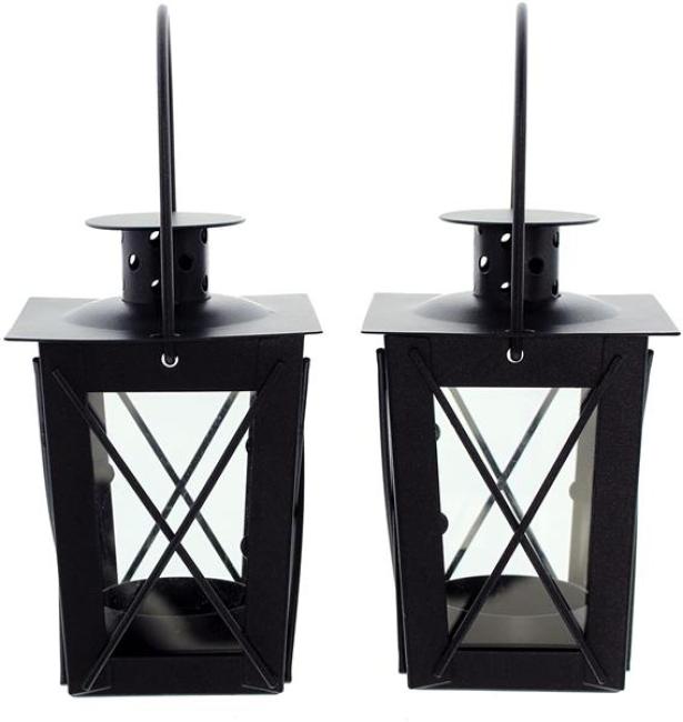 2x Mini Laterne aus Metall + Glas, schwarz, Teelichthalter, Hängelaterne, Metalllaterne, Gartenlaterne, Windlicht, Gartendeko für Draußen wetterfest