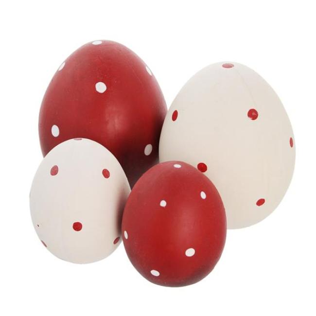 Preview: 4 Dekoeier "Pünktchen" aus Terracotta, rot / weiß, 7 + 10 cm hoch, Osterdeko, Ostereier-Set