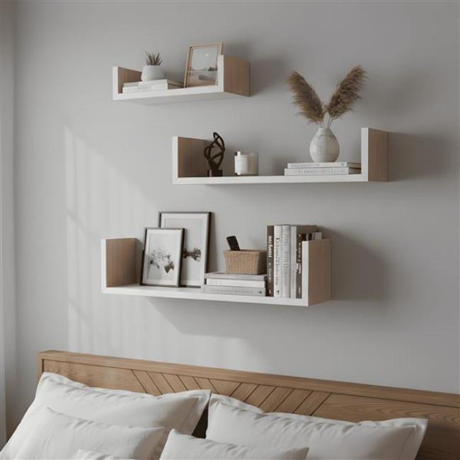 Preview: 3x Wandregal aus Holz, natur furniert / weiß, Regalset, Bücherregal, Dekoregal, Wandboard