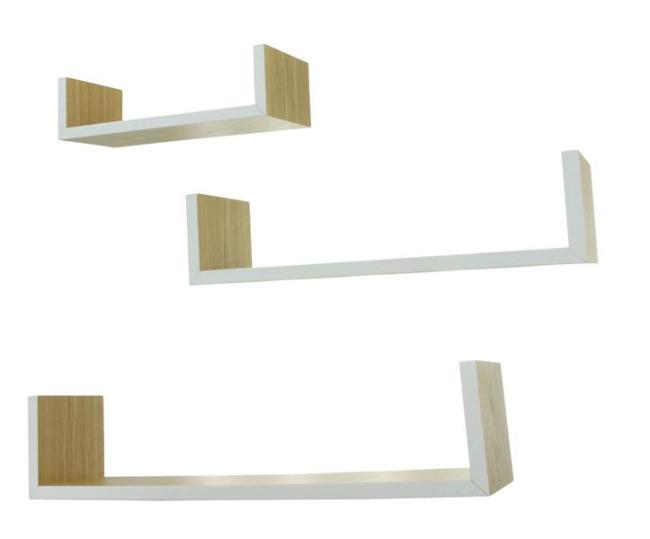 3x Wandregal aus Holz, natur furniert / weiß, Regalset, Bücherregal, Dekoregal, Wandboard