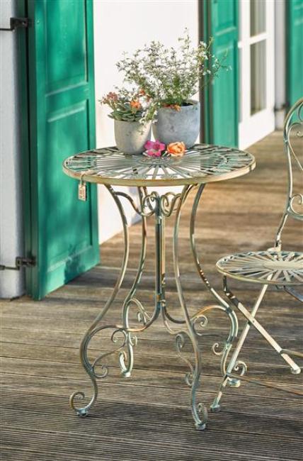 Preview: Metall Gartentisch "Pfauenauge" Ø 58 cm, im Antik Design, Balkontisch