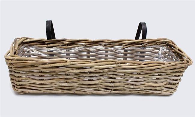 Rattan Pflanzkasten "Koboo Grey" groß, grau, Balkonkasten mit Halterung, Blumenkasten für Draußen, Pflanzgefäß