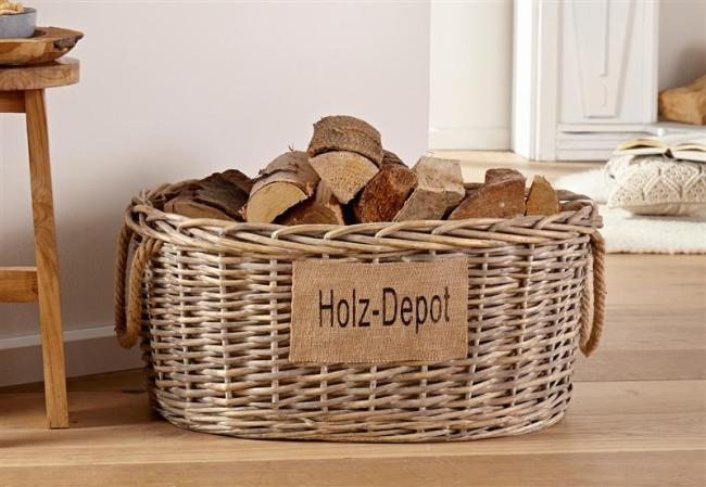 Preview: Brennholzkorb aus Weide im Shabby Look, Feuerholzkorb, Weidenkorb