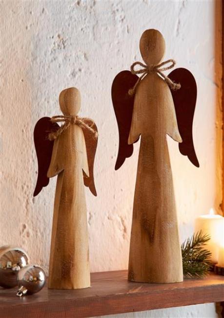 Preview: 2 Deko Engel aus Holz, 28 + 38 cm hoch, Weihnachtsdeko, Dekofigur, Weihnachtsengel