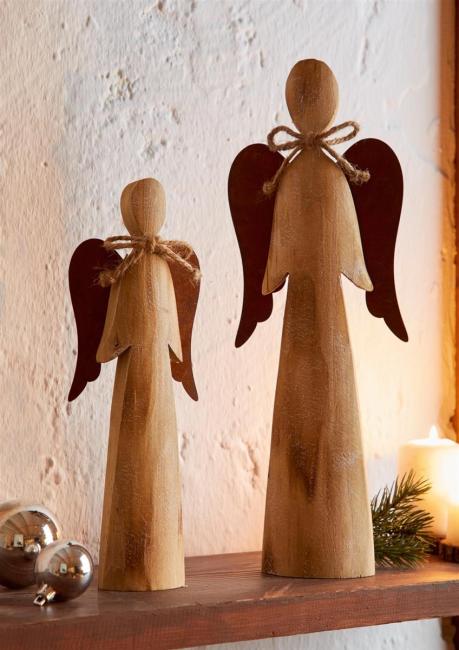 2 Deko Engel aus Holz, 28 + 38 cm hoch, Weihnachtsdeko, Dekofigur, Weihnachtsengel