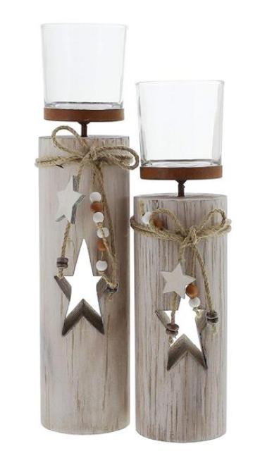 Preview: 2x Windlichtsäule "Stern" aus Holz & Glas, 30 + 35 cm hoch, im Shabby Look, Windlicht, Teelichthalter Weihnachten, Holzsäule mit Kerzenglas, Weihnachtssdeko