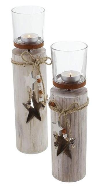 2x Windlichtsäule "Stern" aus Holz & Glas, 30 + 35 cm hoch, im Shabby Look, Windlicht, Teelichthalter Weihnachten, Holzsäule mit Kerzenglas, Weihnachtssdeko