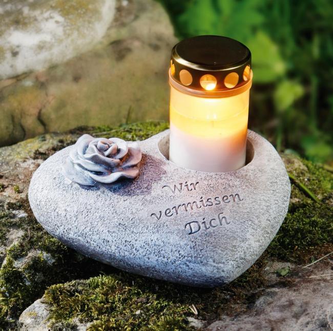 Grabschmuck in Herzform mit Schriftzug "Wir vermissen dich" mit Rose und Grablicht-Halter, wetterfest
