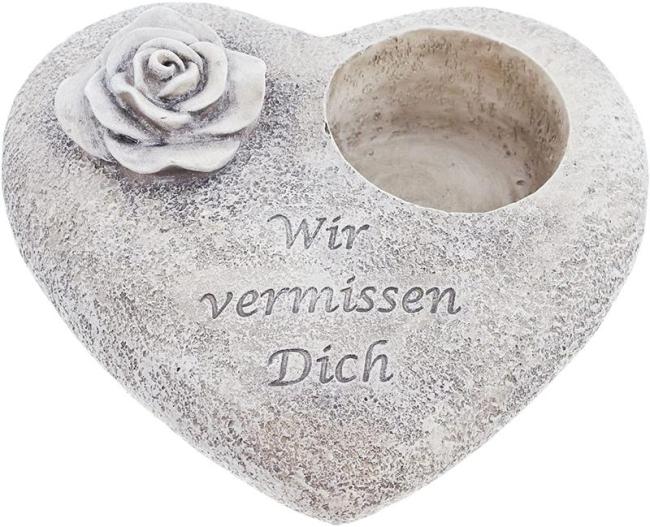 Preview: Grabschmuck in Herzform mit Schriftzug "Wir vermissen dich" mit Rose und Grablicht-Halter, wetterfest