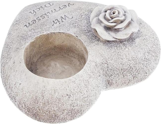 Grabschmuck in Herzform mit Schriftzug "Wir vermissen dich" mit Rose und Grablicht-Halter, wetterfest