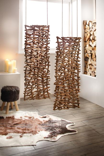 Deko-Objekt "Rustikal" aus Rattan & Holz, Raumteiler hängend, Paravent, Sichtschutz