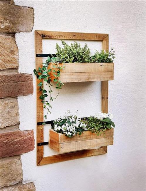 Preview: Wandpflanzer "Industrial" aus Holz mit 2 Blumenkästen, für Balkon, Terrasse, Garten, Balkonkasten, Wandblumentopf