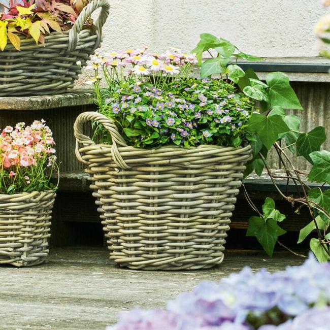 Rattan Pflanzkorb "Rustikal" rund Ø 35x25 cm groß, grau, Outdoor Blumentopf, Pflanzkübel, Pflanztopf für Draußen, Blumenkübel