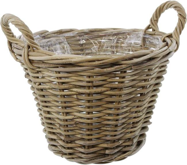 Preview: Rattan Pflanzkorb "Rustikal" rund Ø 35x25 cm groß, grau, Outdoor Blumentopf, Pflanzkübel, Pflanztopf für Draußen, Blumenkübel
