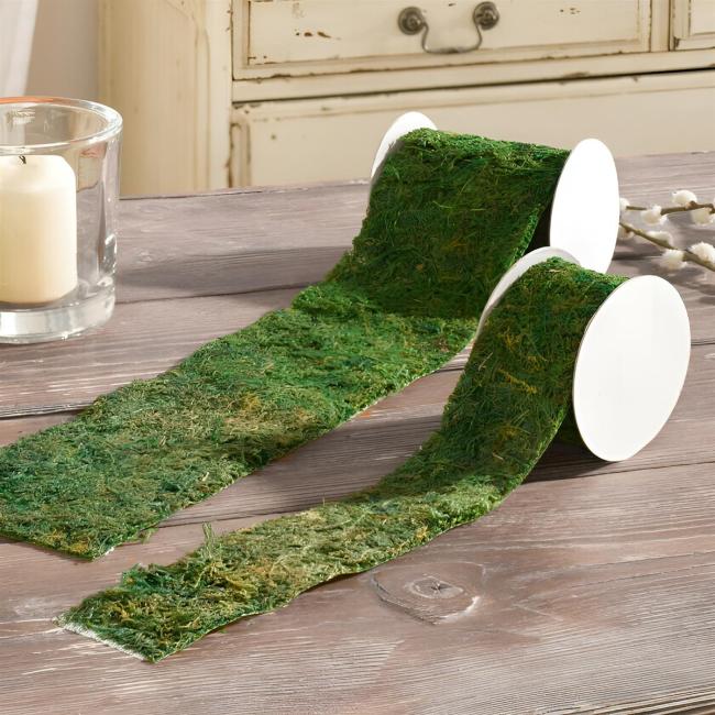 2er Set Deko Band “Moos” grün, je 120 cm lang, Naturmoos zur Geschenk Verpackung, Ruffen, Basteln