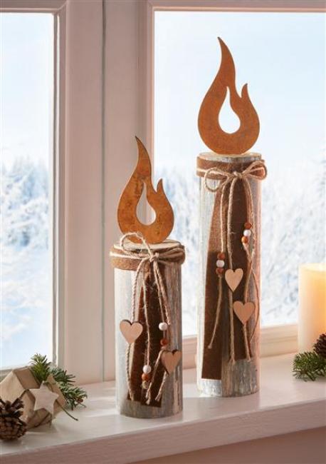 Preview: 2x Dekosäule "Flammendes Herz" aus Holz, rustikal, Holzsäule mit Metall Flamme in Rost Optik, Kerze, Kerzensäue, Deko Windlicht