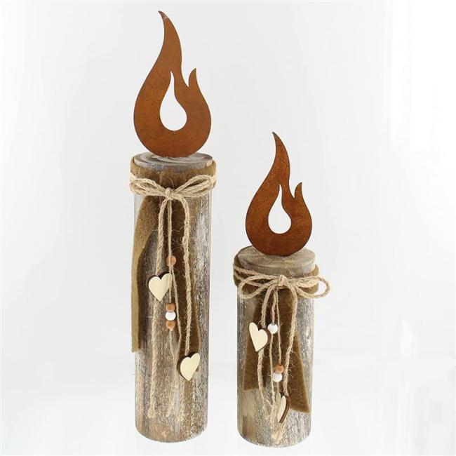 Preview: 2x Dekosäule "Flammendes Herz" aus Holz, rustikal, Holzsäule mit Metall Flamme in Rost Optik, Kerze, Kerzensäue, Deko Windlicht