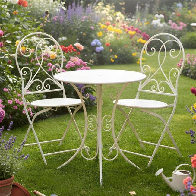 Preview: 3 tlg. Bistroset “White Romance” aus Metall, weiß, Gartenmöbel Tisch + 2 Stühle