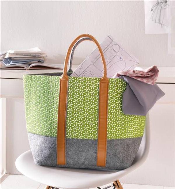 Preview: Damentasche aus Filz, grau / grün, Schultertasche, Einkaufstasche, Shopper