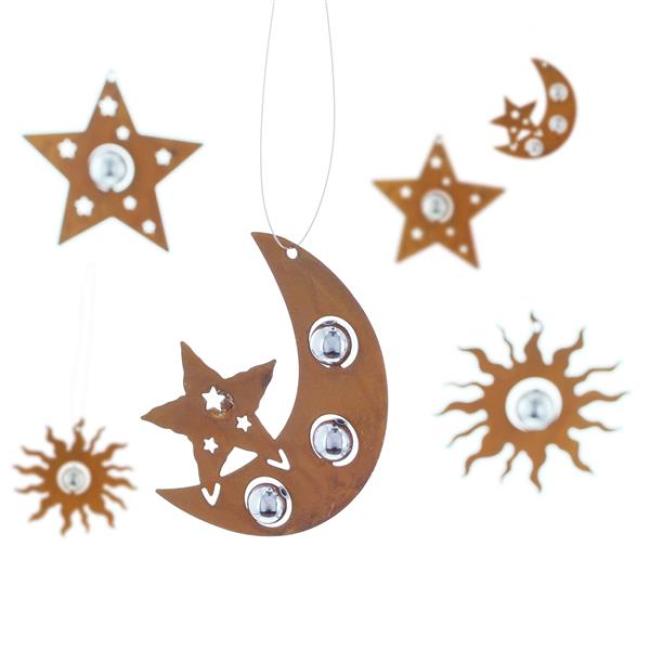 Preview: 6 Dekohänger "Sonne, Mond & Sterne" aus Metall in Rost Optik, mit kleinen silbernen Kugeln, Hängedeko, Türdeko, Wanddenko, Fensterdeko