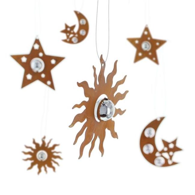 6 Dekohänger "Sonne, Mond & Sterne" aus Metall in Rost Optik, mit kleinen silbernen Kugeln, Hängedeko, Türdeko, Wanddenko, Fensterdeko