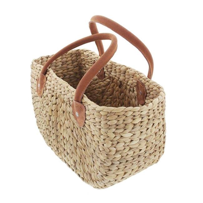 Preview: große Tasche aus Wasserhyazinthe mit Ledergriffen, Shopper