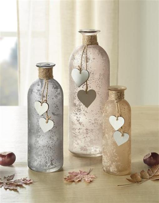 Preview: 3x Vasen "Flasche" aus satiniertem Glas mit Herzen aus Holz, Blumenvase, Flaschenvase, Dekoflasche, Vasenset