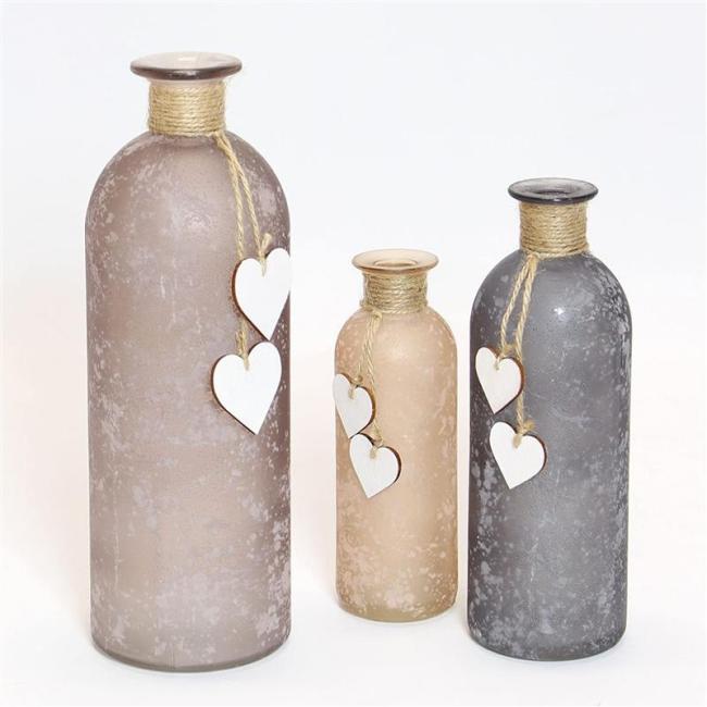 Preview: 3x Vasen "Flasche" aus satiniertem Glas mit Herzen aus Holz, Blumenvase, Flaschenvase, Dekoflasche, Vasenset