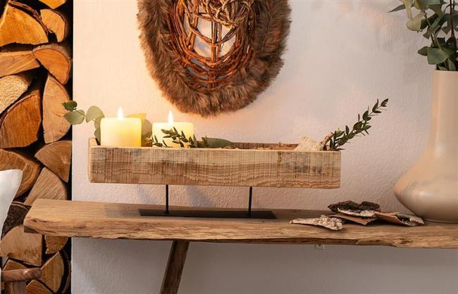 Preview: Dekoboard aus recyceltem Holz, 45x15x13 cm, rustikal, Kerzenboard, Dekoschale