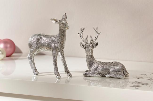 2x Dekofigur "Reh & Hirsch" aus Polyresin, silber glänzend, Tierfigur, Weihnachtsdeko, Tischdeko