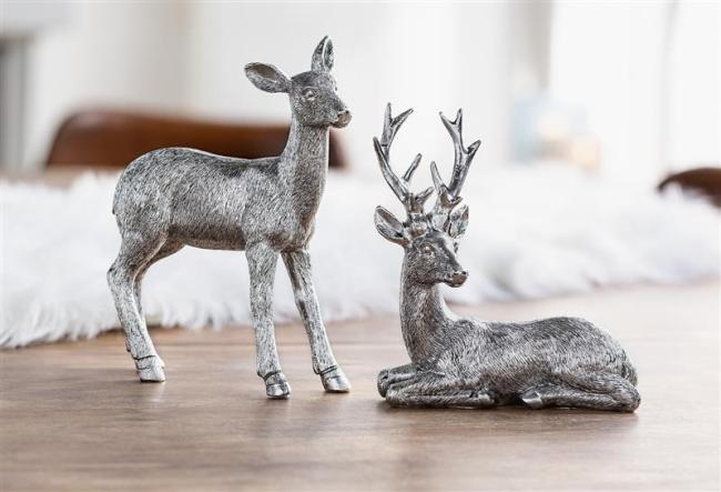 Preview: 2x Dekofigur "Reh & Hirsch" aus Polyresin, silber glänzend, Tierfigur, Weihnachtsdeko, Tischdeko