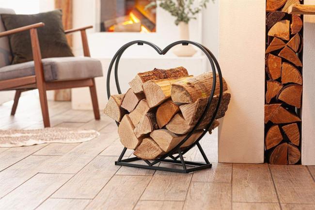 Kaminholz Regal "Herz" aus Metall, matt schwarz, Holzständer, Holzlager