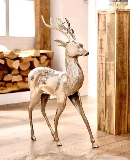 große Figur "Hirsch" aus Aluminium, silber glänzend, edle Skulptur, 65 cm hoch, Tierfigur stehend, Wohnzimmer Deko