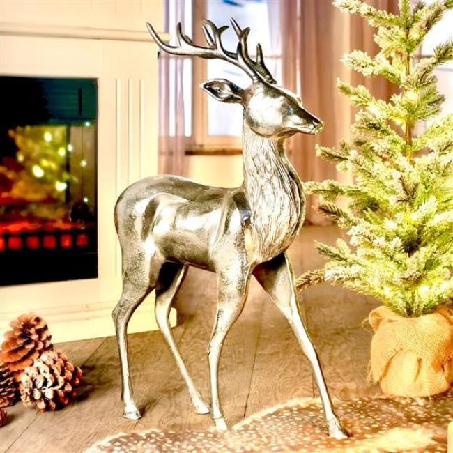 Preview: große Figur "Hirsch" aus Aluminium, silber glänzend, edle Skulptur, 65 cm hoch, Tierfigur stehend, Wohnzimmer Deko