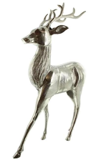 große Figur "Hirsch" aus Aluminium, silber glänzend, edle Skulptur, 65 cm hoch, Tierfigur stehend, Wohnzimmer Deko