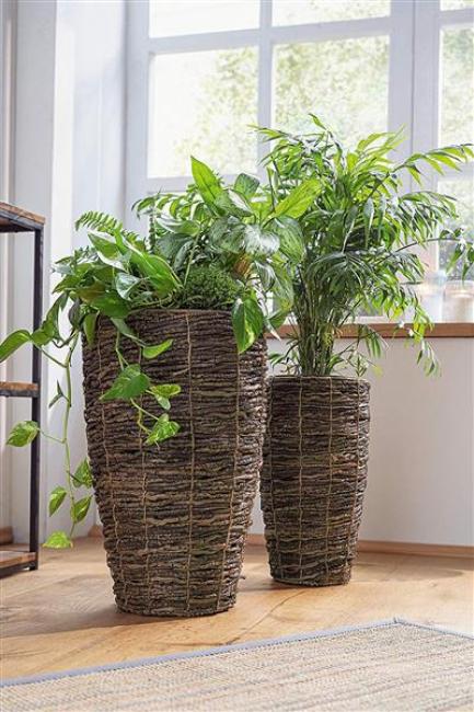 Preview: 2 Übertöpfe aus Kokoszweigen, 45 + 55 cm hoch, Blumentopf, Pflanztopf, Pflanzgefäß für Drinnen & Draussen, Balkon und Gartendeko